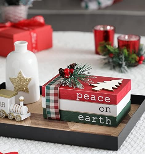 Christmas Wood Book Stack, Christmas Tiered Tray Decor, Peace on Earth Mini Faux Decorative Books with Pine Berry, Farmhouse Book Decor for Home Table Mantle Shelf - Image 4