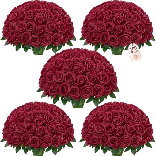 100Pcs Burgundy Roses Artificial Flowers, Realistic Silk Fake Roses Bouquet by Yastouay
