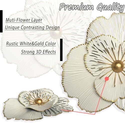 Picfarce Metal Flower Wall Art Decor, 10'' White Distressed Floral Art - Image 2