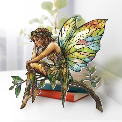 Stained Glass Fairy Ornament – Acrylic Suncatcher Window Hanging, Woodland Fantasy Decor, Christmas Tree Ornament 2026, Car Rearview Mirror Charm, Gift for Fairy Lovers, Women, Girls, Teachers(Sun-10) - Image 3