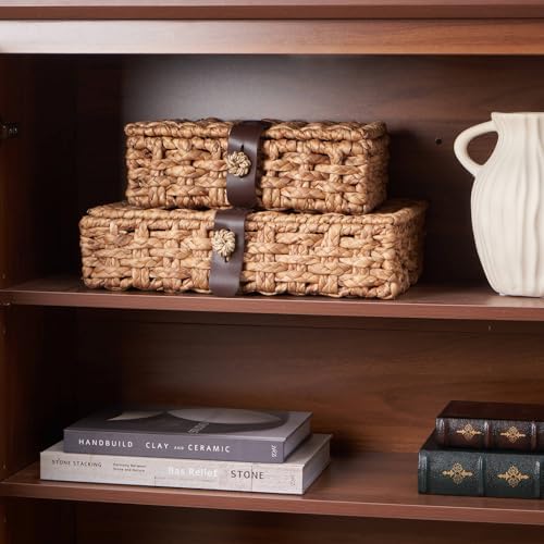 Decorative Box with Lid, Wicker Storage Basket, Water Hyacinth Woven Decorative box for Shelf, Coffee Table, Console Table, Home Decor (Large) - Image 3