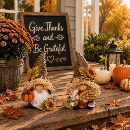 Hodao Thanksgiving Decor Harvest Elf Figurines with Pumpkin Sunflower - Image 4