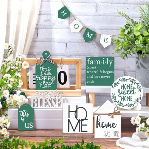 FairySandy 11 Pcs Home Tiered Tray Decor Green Rustic Wooden Signs - Image 2