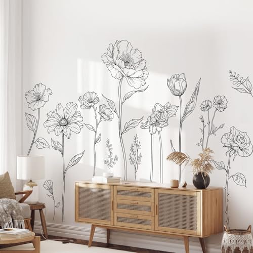Large Black Boho Flower Wall Decals, 3 Sheets Simple Sketch Floral Wall Stickers Peony Wildflower Peel Stick Wall Art Decor Bedroom Home Room Office Garden Hall Adult Gifts for Mom(11.8x35.4 in/Sheet) by Supzone