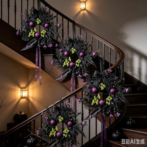 4 Pcs Small Halloween Hanging Wreaths with Black Fern Foliage Purple Glitter Balls Lime Green Berry Clusters Purple Flowers Black Sheer Bow Gothic Mini Cabinet Wreath for Home Kitchen Halloween Party - Image 5