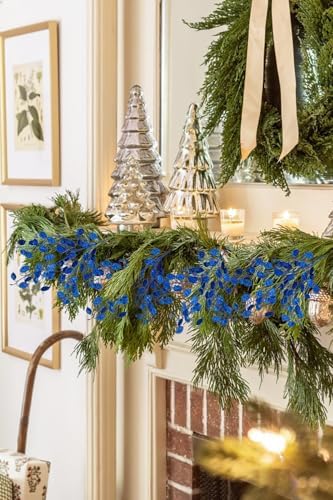 8 Pcs Christmas Tree Picks and Sprays Navy Blue Glitter Christmas Picks 26.8" Christmas Glitter Eucalyptus Leaves Stems for Christmas Tree Filler Branches Wreaths Centerpieces Holiday Decorations - Image 3