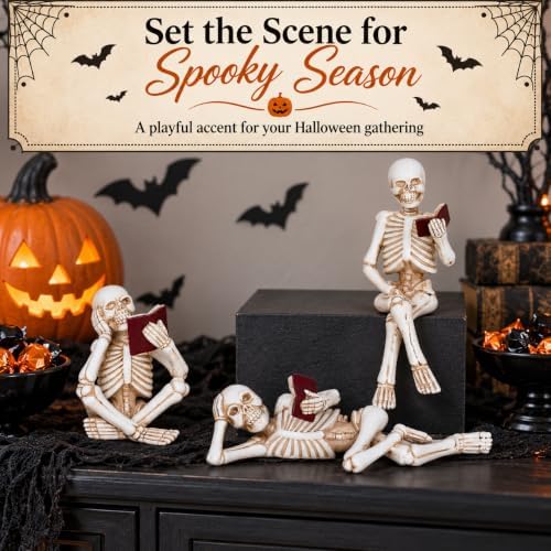 3 Piece Halloween Indoor Decor Figurines Sitting Skeleton Statue Halloween Decorations mini Reading Skull Figurine Home Decor for Living Room Table Shelf Ornament - Image 4