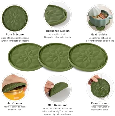 OIAHOMY 8 Pcs Coasters with Holder for Beer, Coffee, Silicone Coaster Set for Table Decor for Kitchen, Bar, Dining Room, Living Room, Housewarming Gifts - Green - Image 3