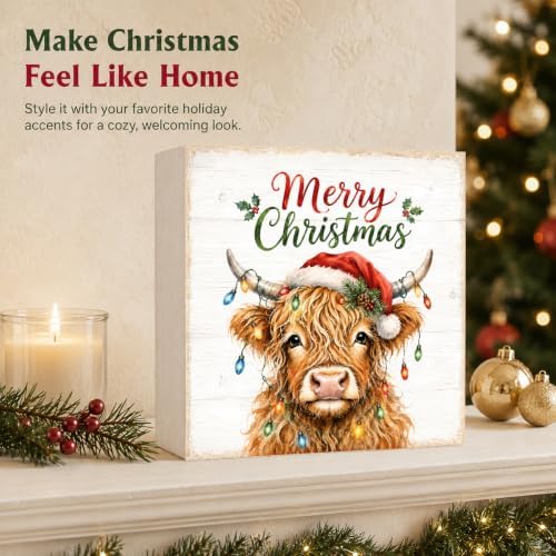 Christmas Highland Cow Decorations Wooden Box Sign Santa Hat Lights - Image 5