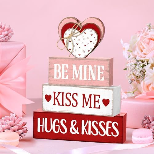 Marsui 4 Pcs Valentine's Day Decorations for Home Heart Table Decor Rustic Distressed Wooden Signs Valentines Centerpieces Blocks Farmhouse Valentines Tiered Tray Decor for Desk Shelf Mantel Indoor - Image 5