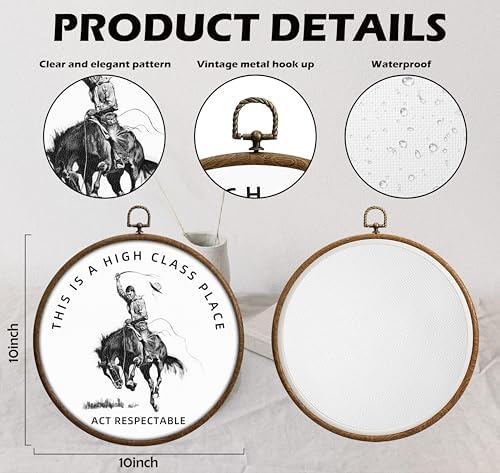 QKX Cowboy Wall Decor, Western Decor for Home, Printed Canvas Wall Hanging for Bedroom Kitchen Office, Round Wall Decoration, Ranch Decoration, Circular Wall Hanging with Hooks,5 - Image 2