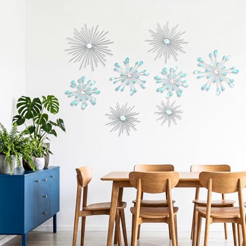Blulu 8 Pcs Teal Blue Metal Wall Decor Cast Iron Starburst Wall Art Bling Crystal Sculptures Living Room 3D Teardrop Radial Rhinestone Hanging Diamond Accents for Home Office Bedroom Entryway - Image 5