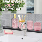 Pink Bathroom Accessories Set, 5Pcs Clear Glass Pink Bathroom Decor with Lotion Soap Dispenser, Soap Dish, Tumbler, Cotton Swab Jar, Toothbrush Holder for Bathrooms Set Modern Crystal Vintage Gift - Image 5