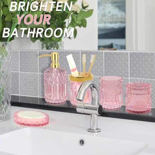 Pink Bathroom Accessories Set, 5Pcs Clear Glass Pink Bathroom Decor with Lotion Soap Dispenser, Soap Dish, Tumbler, Cotton Swab Jar, Toothbrush Holder for Bathrooms Set Modern Crystal Vintage Gift - Image 5