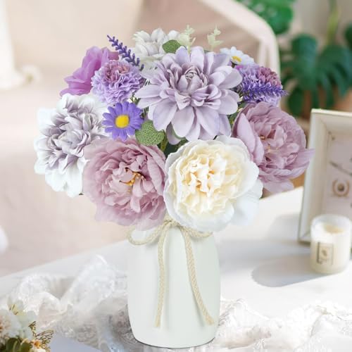 18Pcs Purple Fake Flowers with Vase, Silk Dahlias Purple Artificial Flowers by Unknown