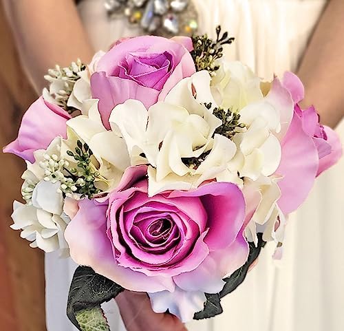 Admired By Nature Artificial Rose Hydrangea Flowers Bouquet, 9 Stems Faux Wedding Bouquet for Bride Bridesmaid, Centerpieces Floral Arrangement Home Decoration GPB8359-LAV/CM, Lavender/Cream - Image 4