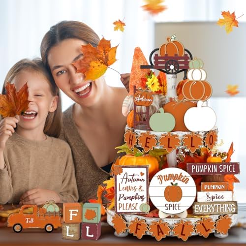 Maitys 21pcs Fall Tiered Tray Decor Set, Hello Fall Thanksgiving Pumpkin Wooden Signs Gnome Truck Wood Maple Leaf Garland Rustic Farmhouse Table Centerpieces for Autumn Thanksgiving Kitchen Home Decor - Image 2