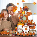 Maitys 21pcs Fall Tiered Tray Decor Set, Hello Fall Thanksgiving Pumpkin Wooden Signs Gnome Truck Wood Maple Leaf Garland Rustic Farmhouse Table Centerpieces for Autumn Thanksgiving Kitchen Home Decor - Image 2