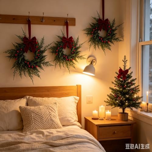 6 Pcs Small 4th of July Hanging Wreaths for Cabinets Patriotic Mini Candle Ring Wreath with Red White Blue Flowers (6, Burgundy Bow Cedar Red Berries) - Image 7