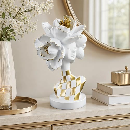 Lescafita White and Gold African Lady Sculpture – Elegant Resin Figurine with Floral Crown, Modern African Art Decor for Living Room, Cultural Gift for Women - Image 4