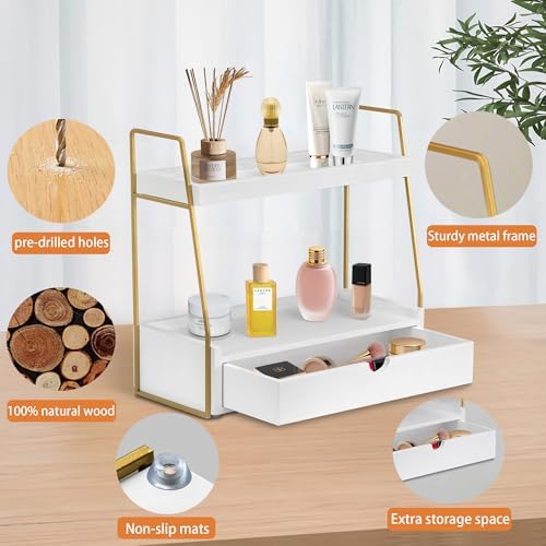 2-Tier Bathroom Countertop Organizer with Drawer, Wood Vanity Shelf White - Image 5