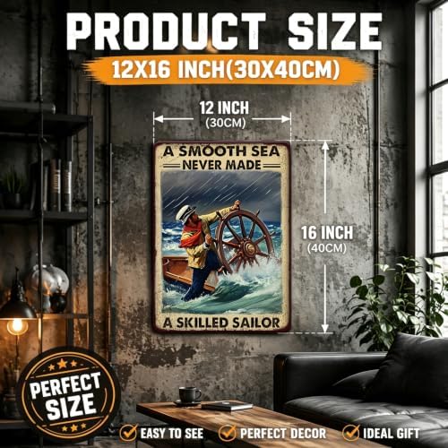 Vintage Tin Sign Metal Poster Plaque A Smooth Sea Never Made A Skilled Sailor Sailing Ship Poster Metal Sign Iron Painting Retro Wall Decor for Home Hotel Cafes Sign Gift 12x16 Inch - Image 2