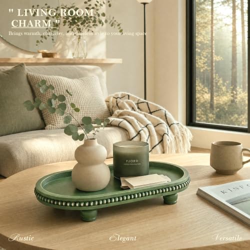 Oval Wood Decorative Tray with Beaded Edge for Coffee Table Decor, Green - Image 6