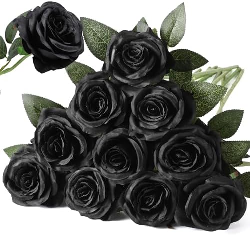 10pcs Black Roses Artificial Flowers, Realistic Faux Rose with Long Stem by Nubry