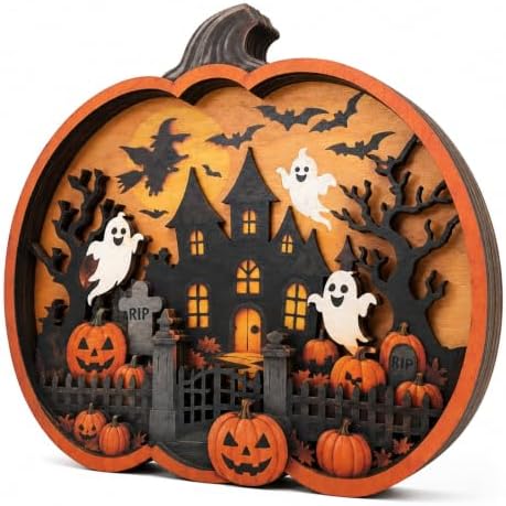 Vintage Halloween Decor 2026, 3D Wooden Pumpkin Decor, Spooky Halloween Tabletop Decoration, Rustic Shelf Mantel Ornament for Home (Pumpkin Sign) by VQRZG