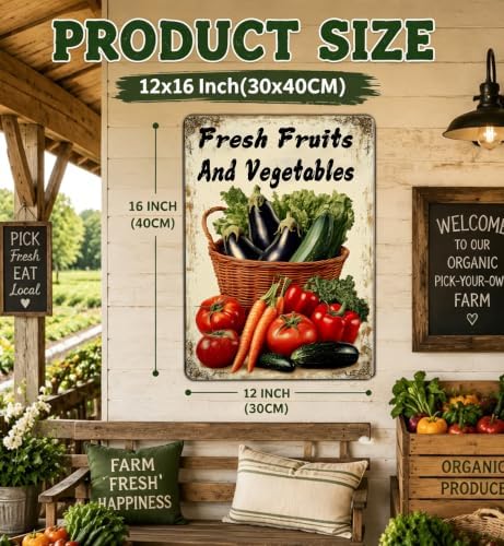 Vegetable Wall Decor Fresh Fruits And Vegetables Metal Tin Sign 12x16 Inch Funny Farmer's Market Tin Poster Retro Home Kitchen Garden Yard Restaurant Wall Decor - Image 2