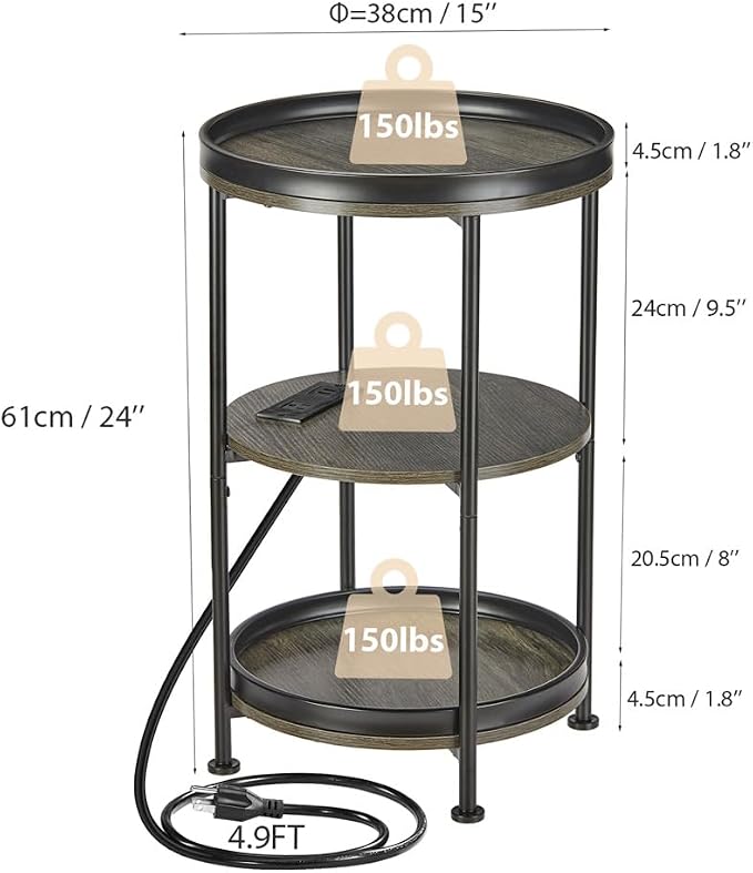 Dulcii Round Side Table with Charging Station, End Table with 3 Shelves - Image 3