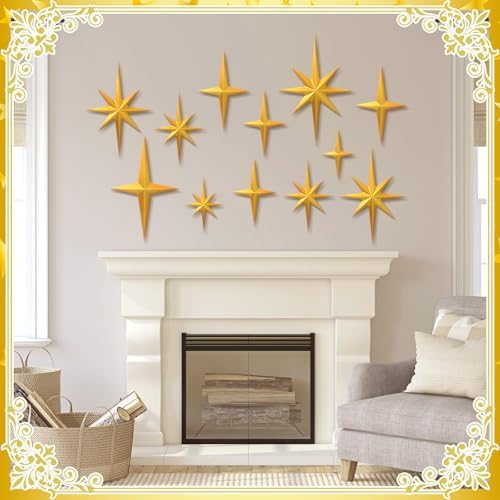 Blulu 12 Pcs Mid Century Modern Decoration Mcm Retro 3D Starburst Art Wall Sculpture, Plastic 8 Pointed Atomic Star Vintage Celestial Whimsigoth Accent for Home Office Room Decor (Gold) - Image 4