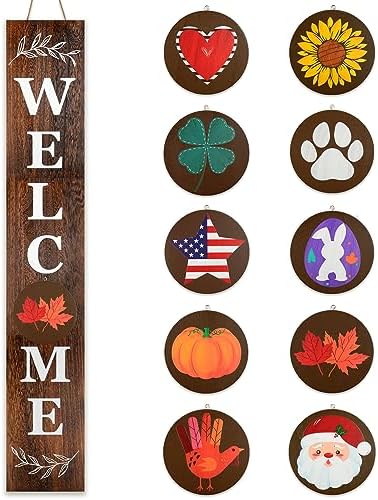 Perfnique Interchangeable Welcome sign for front porch standing, 47 x 7.9 Inch Black Wooden Leaner Sign with 10 Interchangeable Designed Icons, Morden Farmhouse Rustic Seasonal Decor for Spring by PERFNIQUE