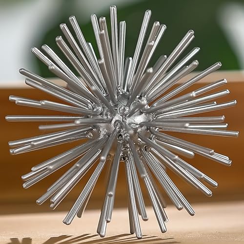 Silver Sphere Decor, Metal Starburst Tabletop Sculpture Decor, Mid-Century Modern Metal Starburst Centerpiece, Spike Ball Decoration for Home, Coffee Table Decor - Image 2