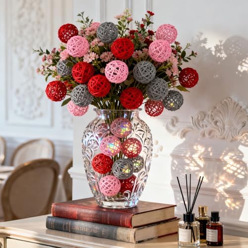 Yaomiao 15 Pcs Decorative Wicker Rattan Ball, 1.8 in, Pink Red Gray - Image 5