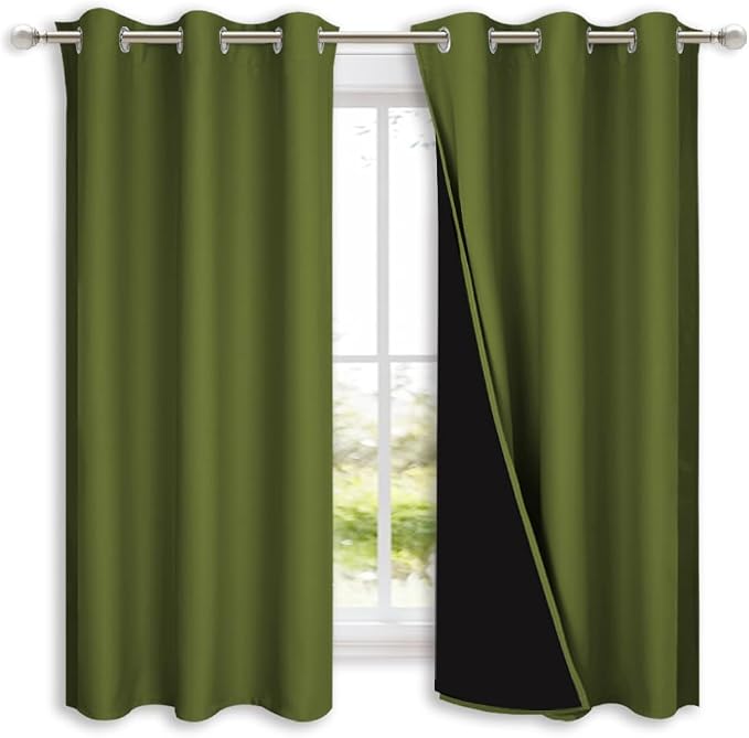 NICETOWN 100% Blackout Lined Curtains, Olive Green, 1 Pair, 2 Thick Layers - Image 2