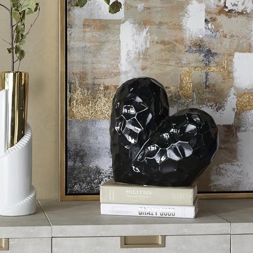 Deco 79 Porcelain Ceramic Heart Decorative Sculpture Dimensional Angled Origami Inspired Home Decor Statue, Accent Figurine 12" x 6" x 11", Black - Image 3