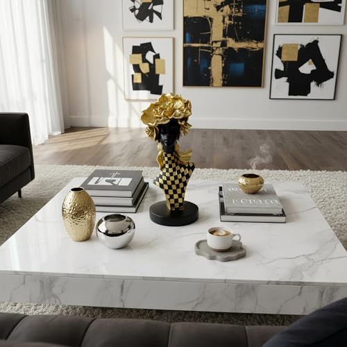 Lescafita African Queen Sculpture Gold Flower Crown, Black and Gold Checkered Gift Statue, Luxury Art Figurine for Home Decor Shelf Table Display - Image 5