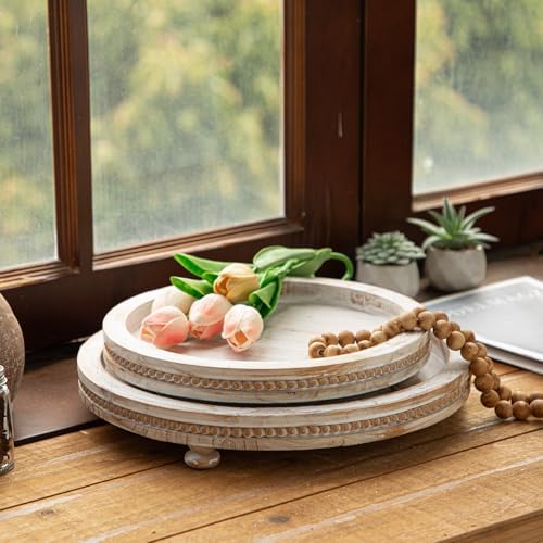 2 Piece Whitewashed Wooden Serving Tray Set with Beaded Design, Farmhouse Centerpiece Table Decorations, Round Coffee Table Tray for Living Room Home Decor, Ottoman Tray Decor for Rustic Styles - Image 3