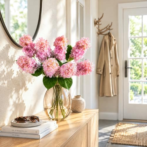 Ttranewsoo Hydrangea Artificial Flowers ,Fall Hydrangeas Artificial Flowers, Fake Fall Dried Hydrangea Decoration,Faux Silk Flower With Stems Winter Decor Indoor and outdoor(Pink 24"8pcs) Without Vase - Image 6