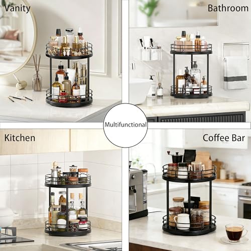 2-Tier Rotating Bathroom Countertop Organizer, Wooden Makeup Vanity Storage, Multifunctional Lazy Susan Turntable for Skincare, Perfume and Cosmetics (Black) - Image 4