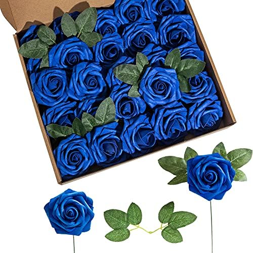 Artificial Flower Foam Rose 25pcs Real Looking Fake Rose with Stems Leaves for Home Decoration Party Garden Centerpieces DIY Wedding Bouquets（Royal Blue） by Lansdowns