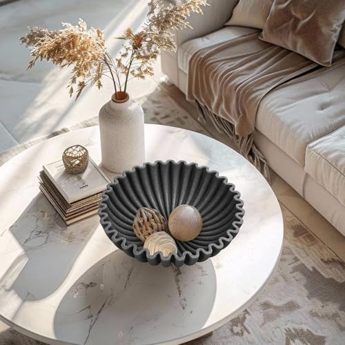YMXYJM Large Decorative Bowl, Modern Handicraft Bowls for Home Decor, Decorative Fruit Bowl for Kitchen, Ruffle Bowl Decor, Stylish Key bowl for Entry Table, Artificial Stone Black - Image 4