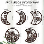 Jetec 5 Pcs Moon Phases Wall Art Decor, Wooden, Brown, 10.6 Inch, Flower - Image 2
