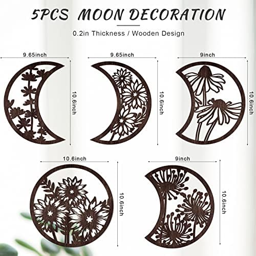 Jetec 5 Pcs Moon Phases Wall Art Decor, Wooden, Brown, 10.6 Inch, Flower - Image 2