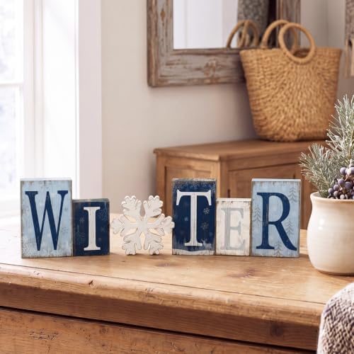 Threehoney 6 Piece Winter Wood Block Decor, Blue and White Winter Letter Sign with Snowflake, Rustic Wooden Tabletop Decorations for Shelf Mantel Tiered Tray Home Decor - Image 6