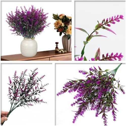 Artificial Plants Fake Lavender Plastic Flowers Faux Shrub Simulation Greenery Leaves Bushes for Indoor Outdoor Home Decor Garden Office Yard Verandah Wedding Decoration Planting Filler Fuchsia 8 Pack - Image 3