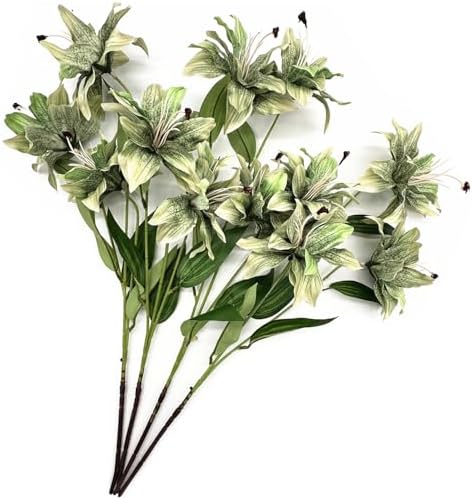 Artificial Lily Flowers, Vintage Fake Silk Flower Long Stems Stargazer Lilies Real Touch Faux Plants Tiger Bouquets for Home Decor Indoor Wedding Party Floral Arrangement DIY Decoration - Green 4 Pack - Image 4