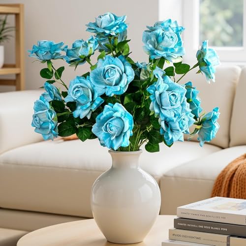 Artificial Flowers 23.2In Artificial Roses 20PCS Fake Roses Long Stem Artificial Flowers for Tall Vase Silk Rose Spring Suitable for Indoor Wedding Party Decor Valentine's Day DIY Bouquet,Blue by ENALGRE