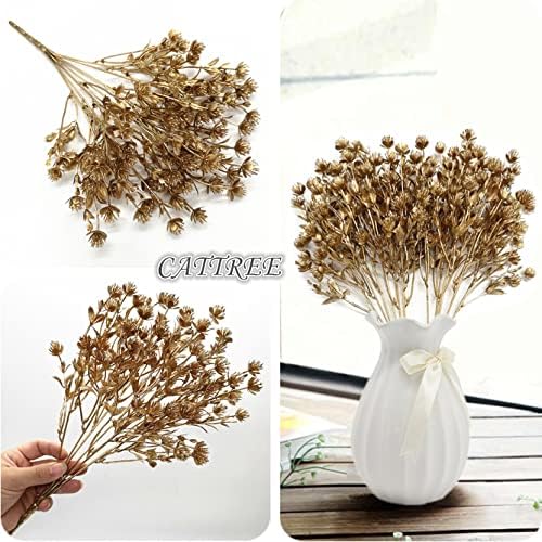 Gold Baby Breath Artificial Christmas Flowers, Plastic Gypsophila Plant Fake Plants for Wedding Bridal Bouquet Party Indoor DIY Home Hall Table Centerpieces Arrangements Decoration - Golden 2 Pcs - Image 6